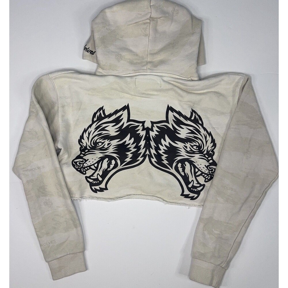 Cropped White Hoodie with Dual Wolf Graphic